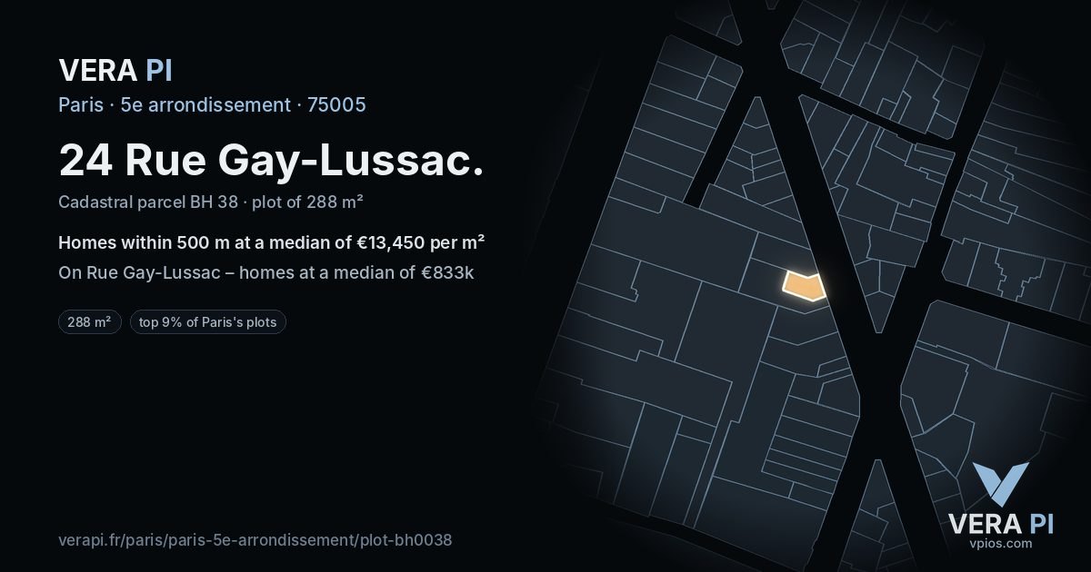 24 Rue Gay-Lussac, 5e arrondissement at night – the plot lit, the parcels around coloured by the prices near them