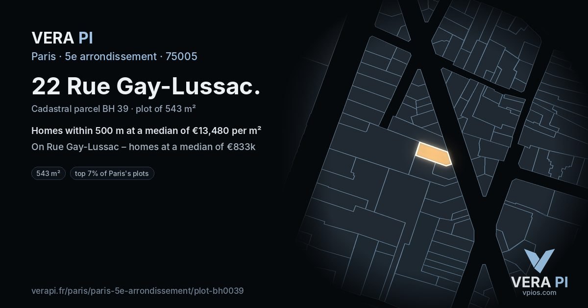 22 Rue Gay-Lussac, 5e arrondissement at night – the plot lit, the parcels around coloured by the prices near them