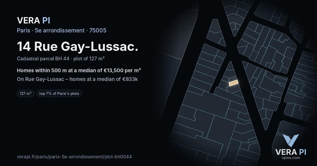 14 Rue Gay-Lussac, 5e arrondissement at night – the plot lit, the parcels around coloured by the prices near them