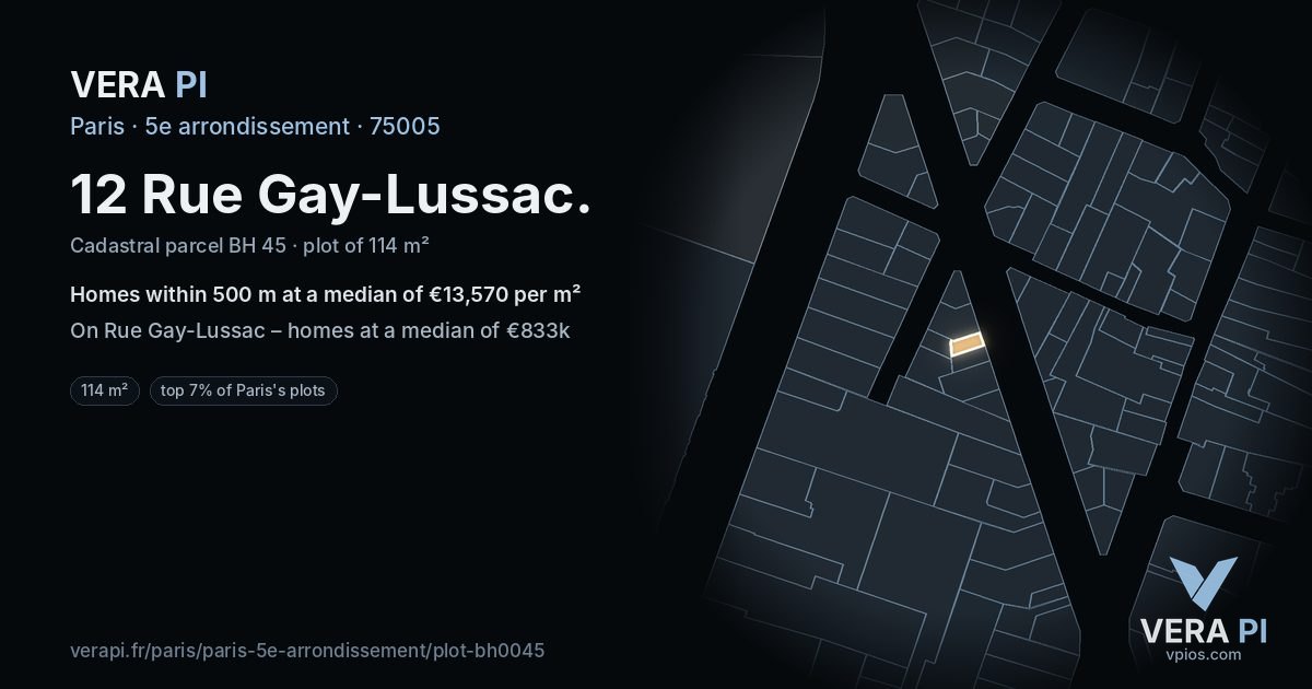 12 Rue Gay-Lussac, 5e arrondissement at night – the plot lit, the parcels around coloured by the prices near them