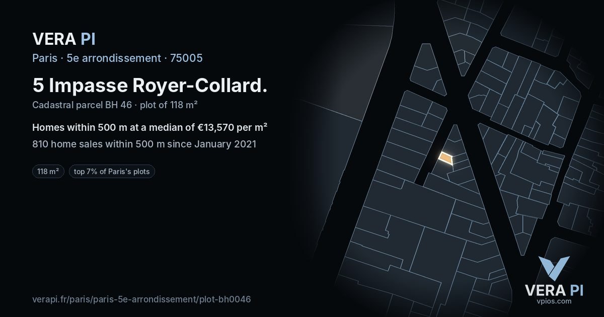 5 Impasse Royer-Collard, 5e arrondissement at night – the plot lit, the parcels around coloured by the prices near them