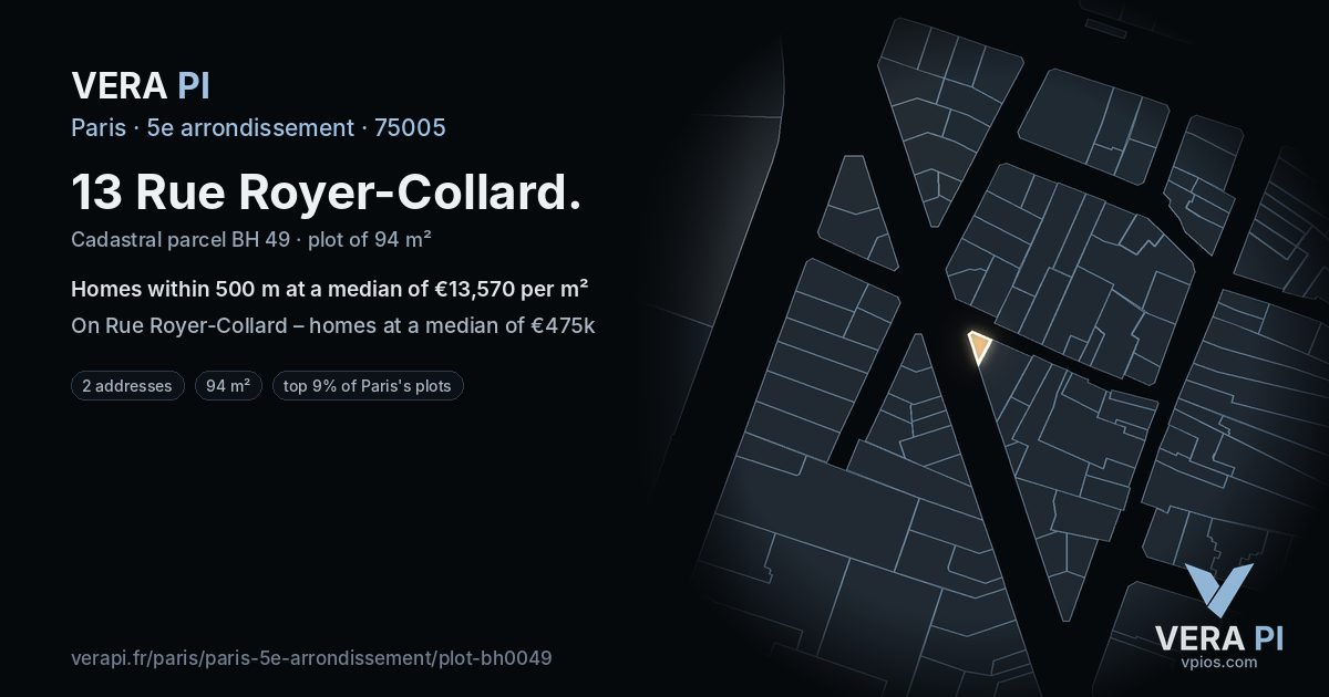 13 Rue Royer-Collard, 5e arrondissement at night – the plot lit, the parcels around coloured by the prices near them