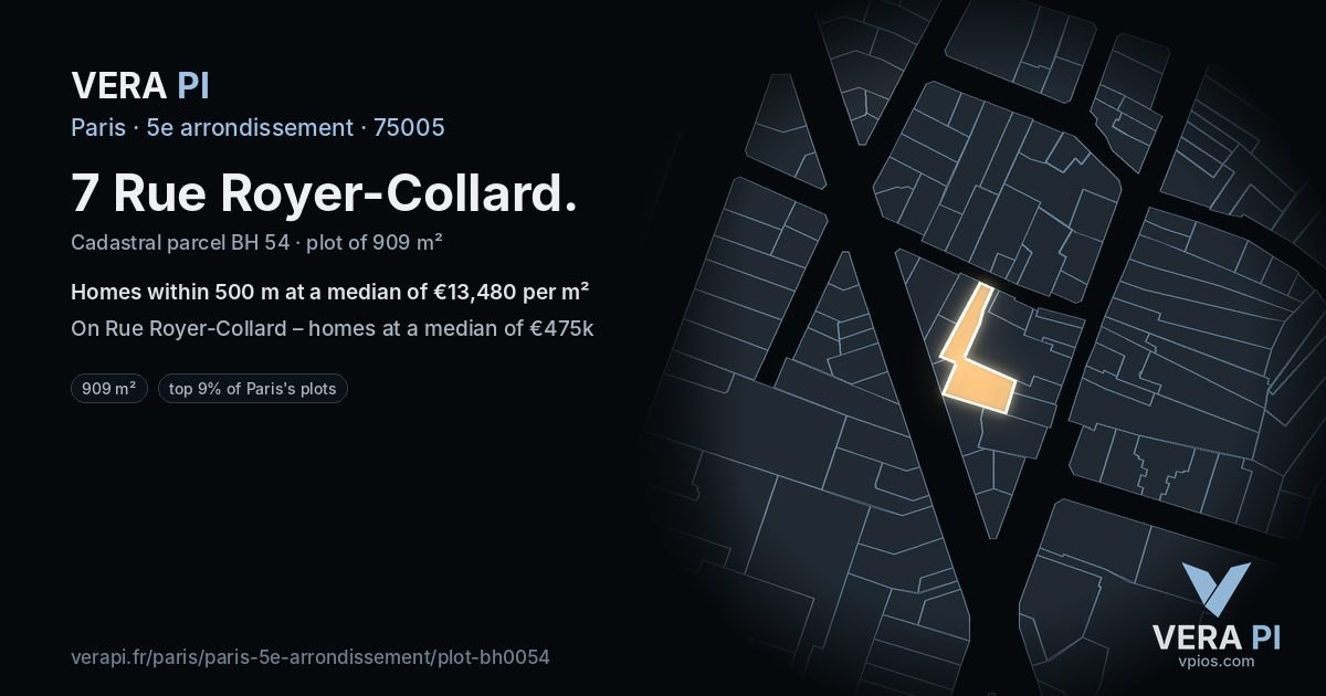 7 Rue Royer-Collard, 5e arrondissement at night – the plot lit, the parcels around coloured by the prices near them