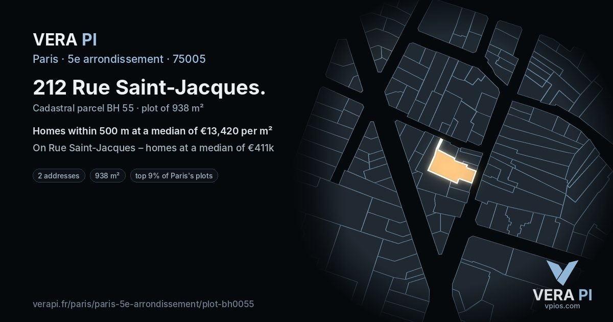 212 Rue Saint-Jacques, 5e arrondissement at night – the plot lit, the parcels around coloured by the prices near them