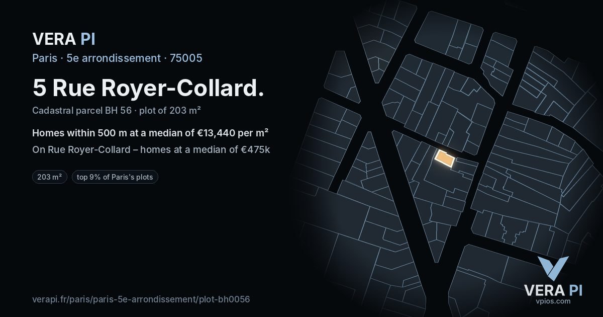5 Rue Royer-Collard, 5e arrondissement at night – the plot lit, the parcels around coloured by the prices near them