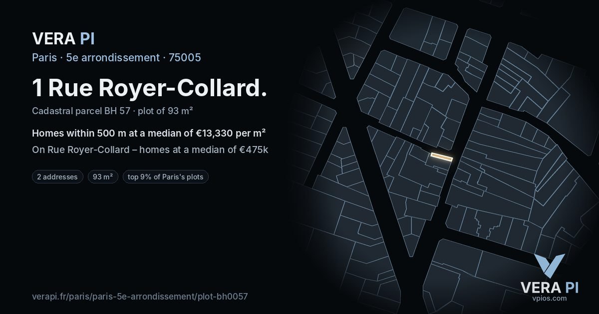 1 Rue Royer-Collard, 5e arrondissement at night – the plot lit, the parcels around coloured by the prices near them