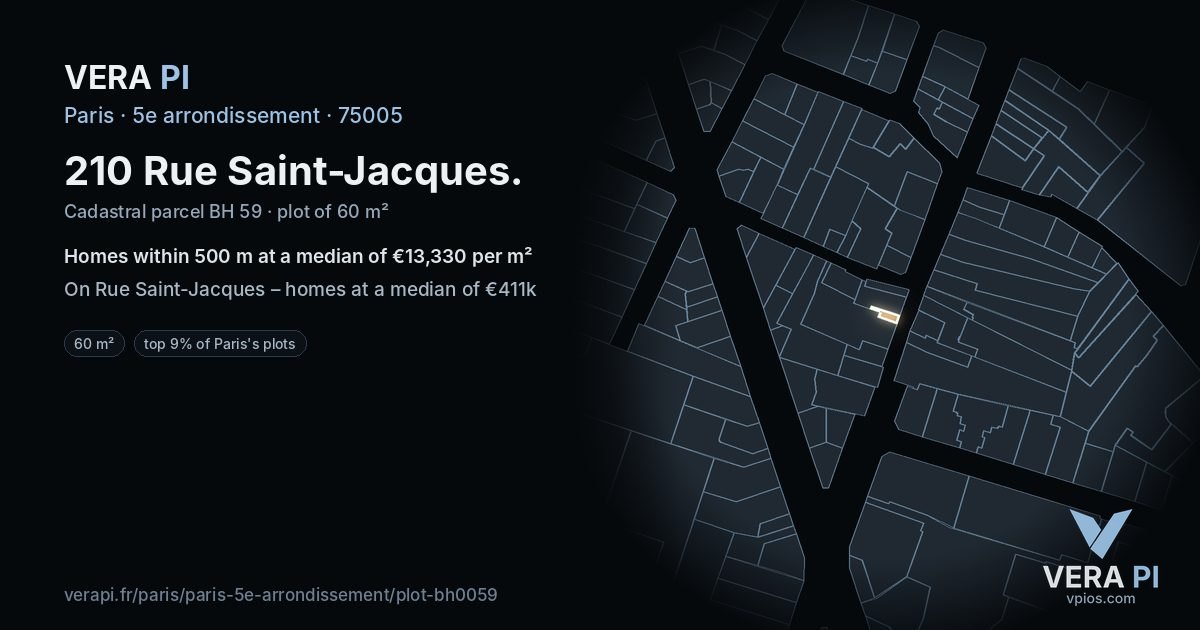 210 Rue Saint-Jacques, 5e arrondissement at night – the plot lit, the parcels around coloured by the prices near them