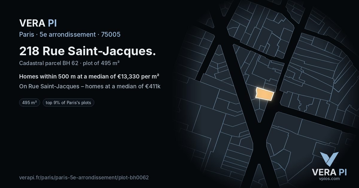218 Rue Saint-Jacques, 5e arrondissement at night – the plot lit, the parcels around coloured by the prices near them