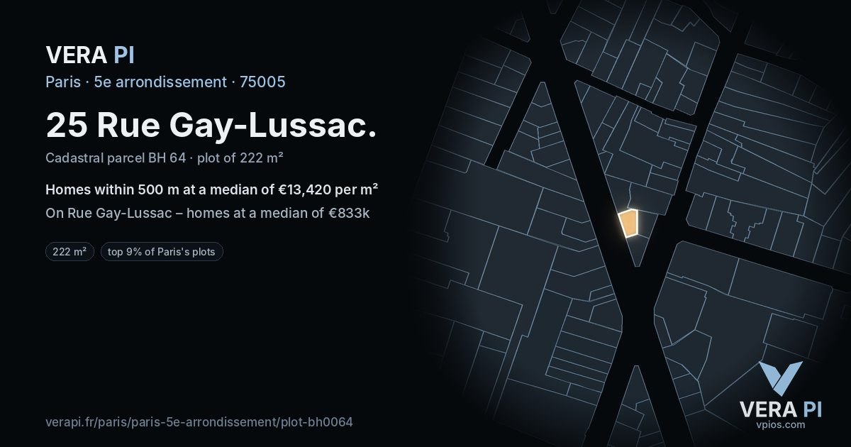 25 Rue Gay-Lussac, 5e arrondissement at night – the plot lit, the parcels around coloured by the prices near them