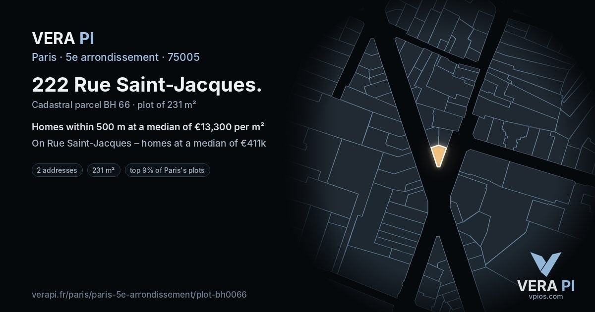 222 Rue Saint-Jacques, 5e arrondissement at night – the plot lit, the parcels around coloured by the prices near them