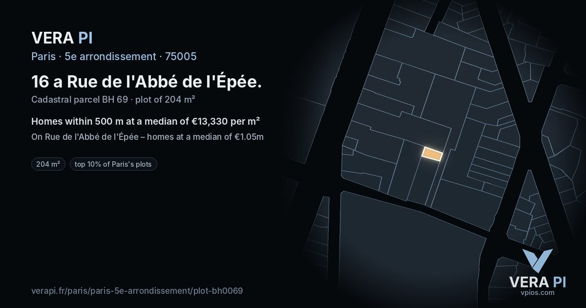 16 a Rue de l'Abbé de l'Épée, 5e arrondissement at night – the plot lit, the parcels around coloured by the prices near them