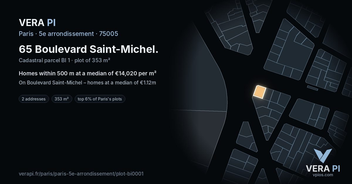 65 Boulevard Saint-Michel, 5e arrondissement at night – the plot lit, the parcels around coloured by the prices near them