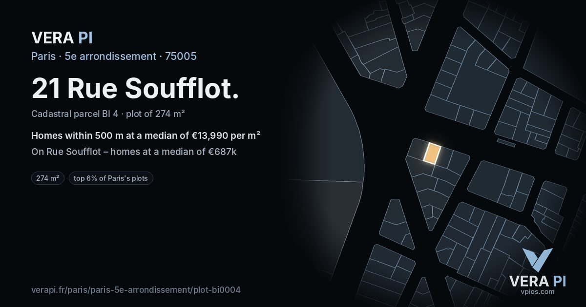 21 Rue Soufflot, 5e arrondissement at night – the plot lit, the parcels around coloured by the prices near them