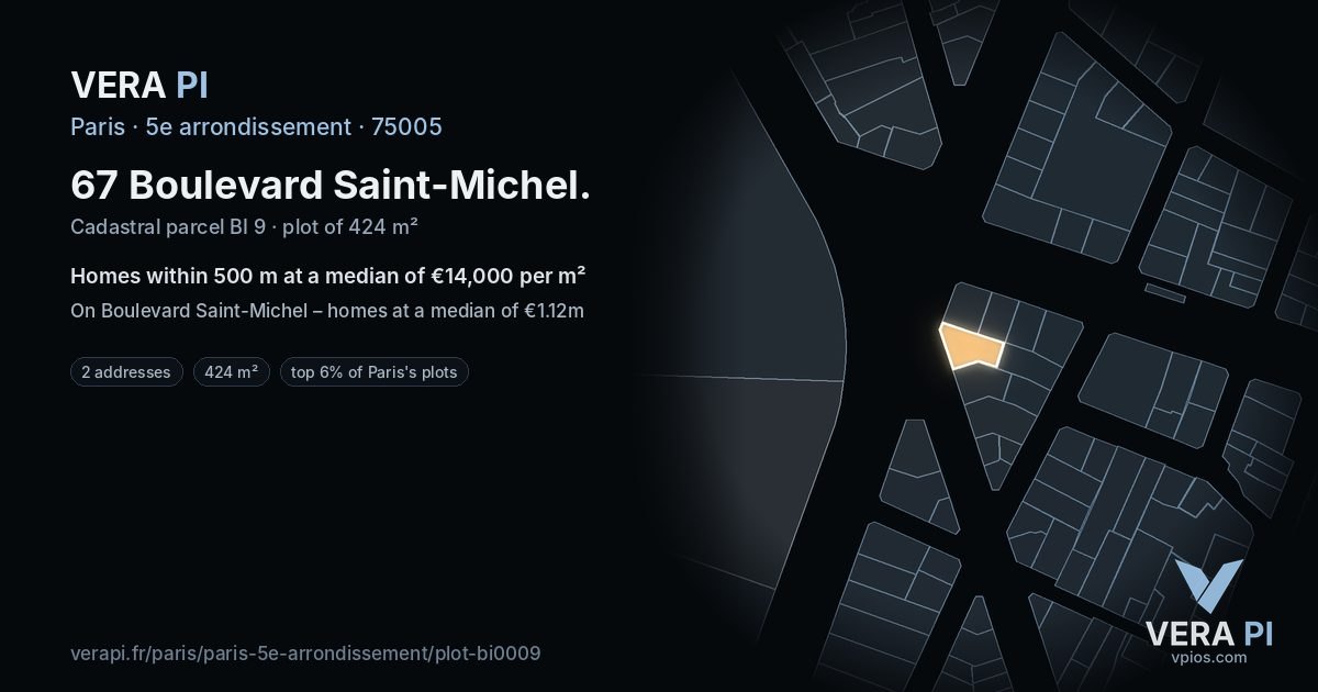 67 Boulevard Saint-Michel, 5e arrondissement at night – the plot lit, the parcels around coloured by the prices near them