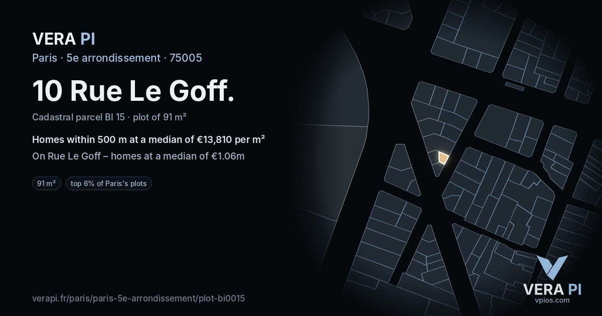 10 Rue Le Goff, 5e arrondissement at night – the plot lit, the parcels around coloured by the prices near them
