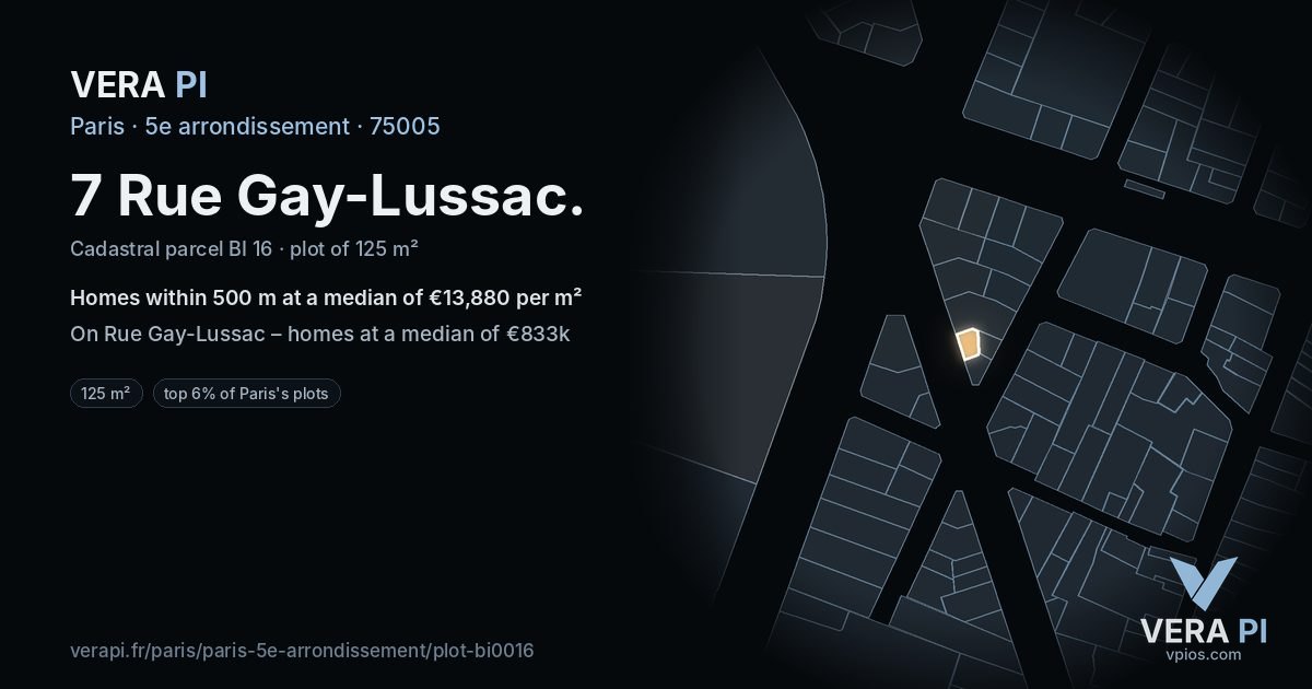 7 Rue Gay-Lussac, 5e arrondissement at night – the plot lit, the parcels around coloured by the prices near them