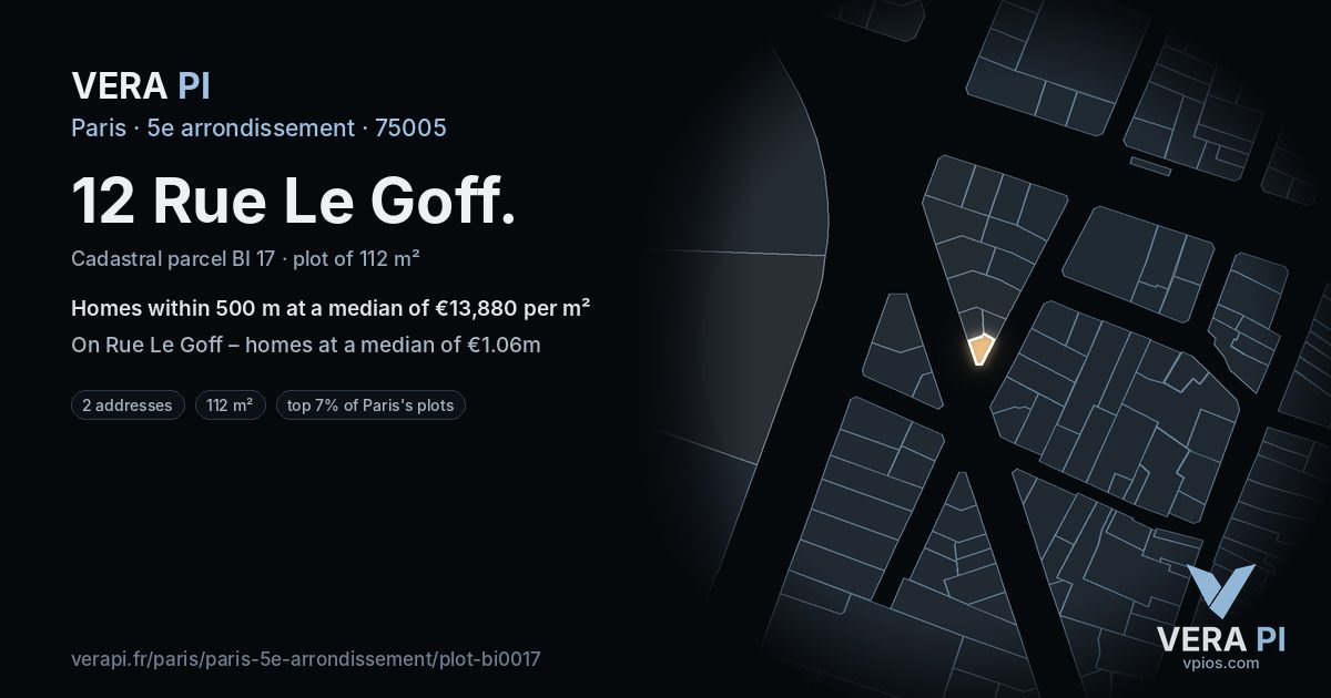 12 Rue Le Goff, 5e arrondissement at night – the plot lit, the parcels around coloured by the prices near them