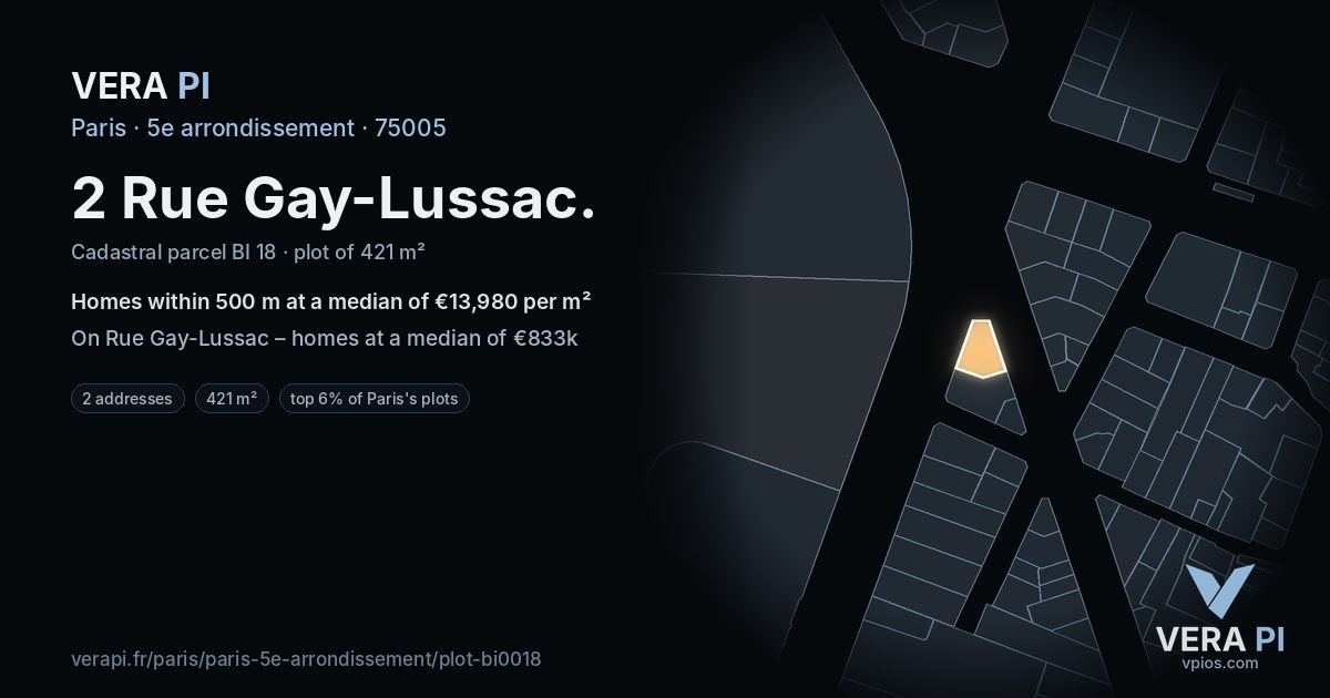 2 Rue Gay-Lussac, 5e arrondissement at night – the plot lit, the parcels around coloured by the prices near them