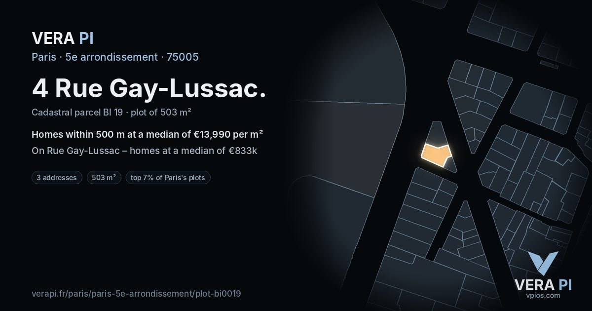 4 Rue Gay-Lussac, 5e arrondissement at night – the plot lit, the parcels around coloured by the prices near them