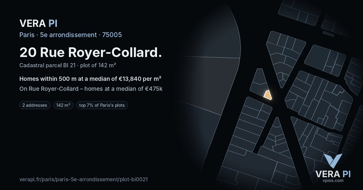 20 Rue Royer-Collard, 5e arrondissement at night – the plot lit, the parcels around coloured by the prices near them