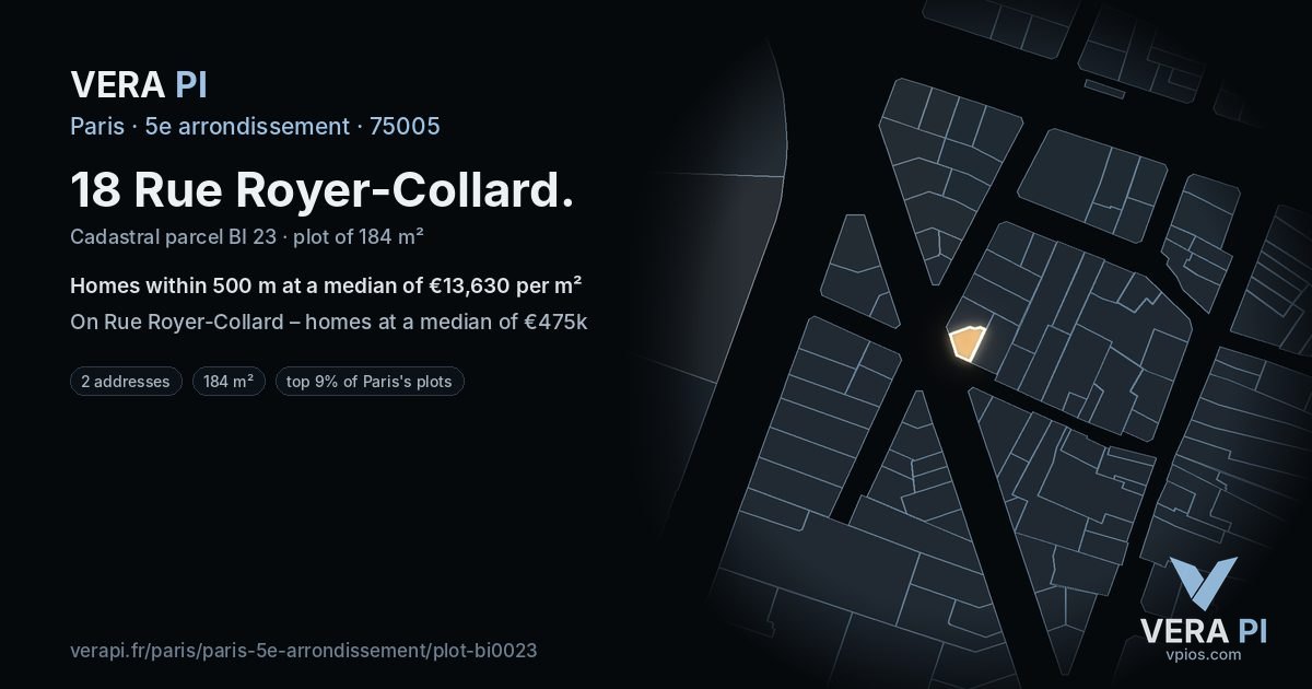 18 Rue Royer-Collard, 5e arrondissement at night – the plot lit, the parcels around coloured by the prices near them