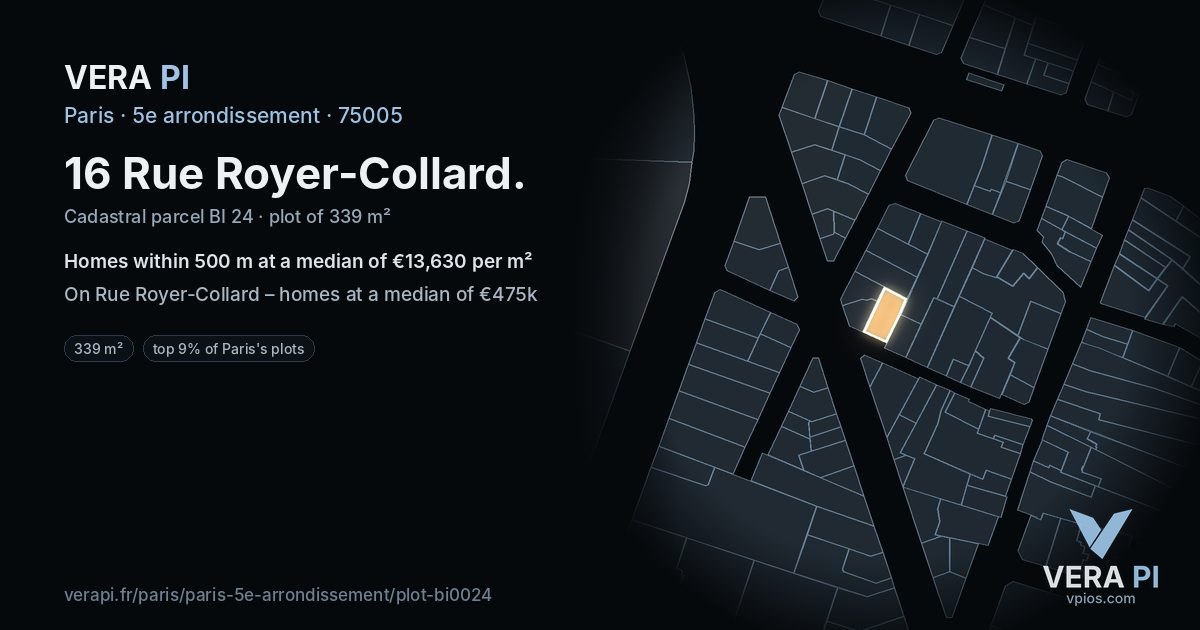 16 Rue Royer-Collard, 5e arrondissement at night – the plot lit, the parcels around coloured by the prices near them