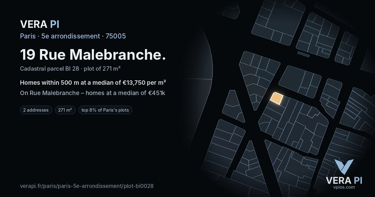 19 Rue Malebranche, 5e arrondissement at night – the plot lit, the parcels around coloured by the prices near them