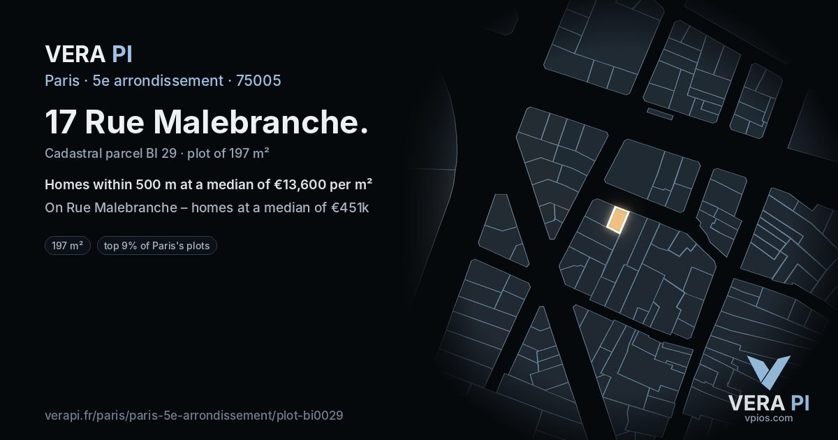 17 Rue Malebranche, 5e arrondissement at night – the plot lit, the parcels around coloured by the prices near them