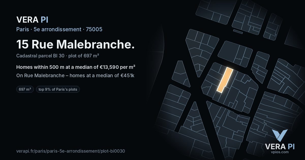 15 Rue Malebranche, 5e arrondissement at night – the plot lit, the parcels around coloured by the prices near them
