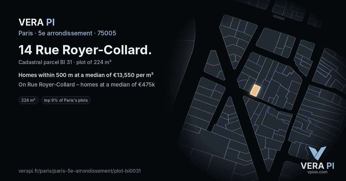14 Rue Royer-Collard, 5e arrondissement at night – the plot lit, the parcels around coloured by the prices near them