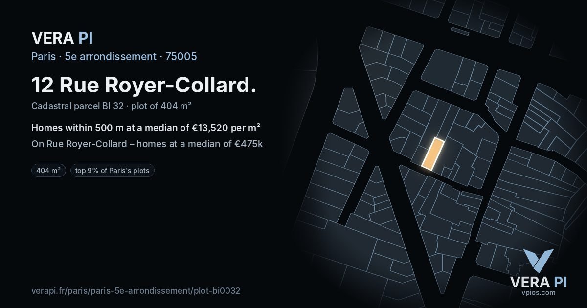 12 Rue Royer-Collard, 5e arrondissement at night – the plot lit, the parcels around coloured by the prices near them