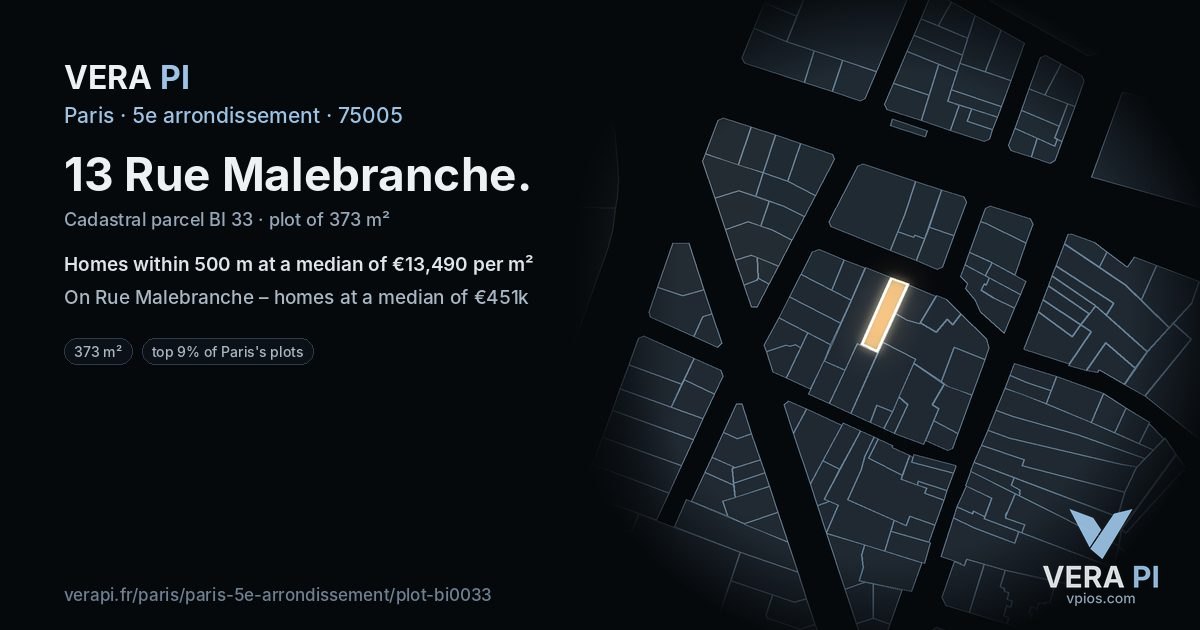 13 Rue Malebranche, 5e arrondissement at night – the plot lit, the parcels around coloured by the prices near them