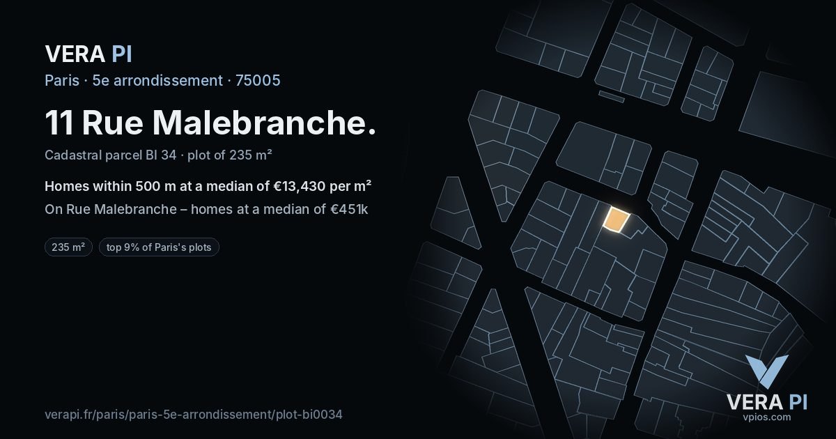 11 Rue Malebranche, 5e arrondissement at night – the plot lit, the parcels around coloured by the prices near them