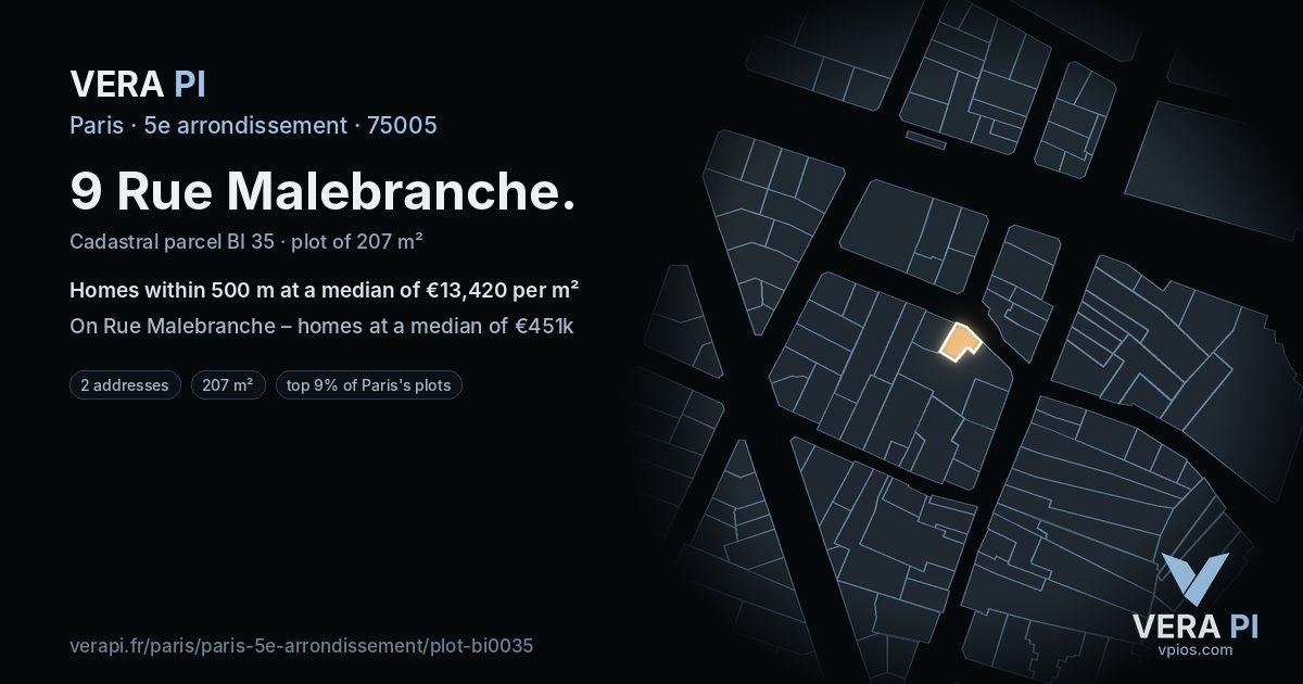 9 Rue Malebranche, 5e arrondissement at night – the plot lit, the parcels around coloured by the prices near them