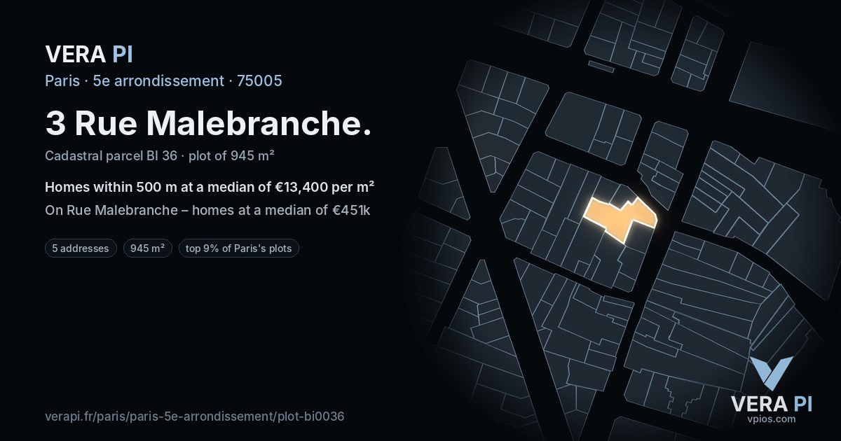 3 Rue Malebranche, 5e arrondissement at night – the plot lit, the parcels around coloured by the prices near them