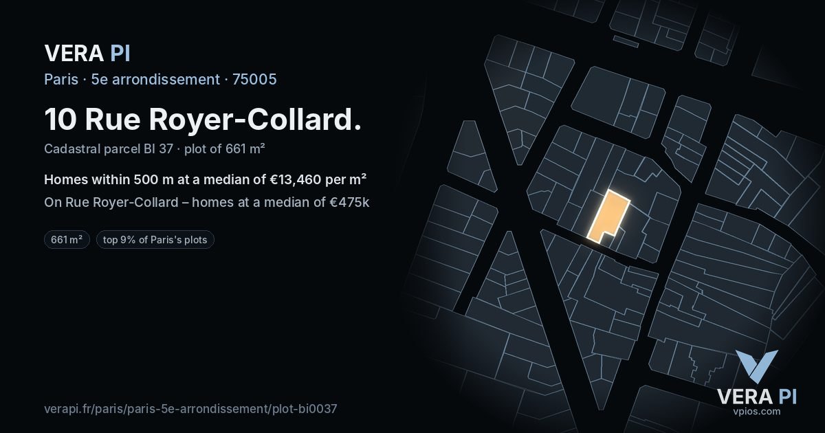 10 Rue Royer-Collard, 5e arrondissement at night – the plot lit, the parcels around coloured by the prices near them