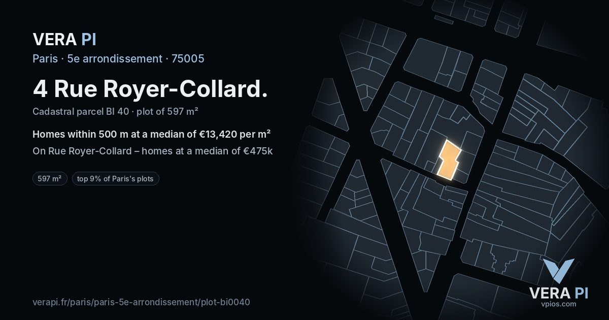 4 Rue Royer-Collard, 5e arrondissement at night – the plot lit, the parcels around coloured by the prices near them