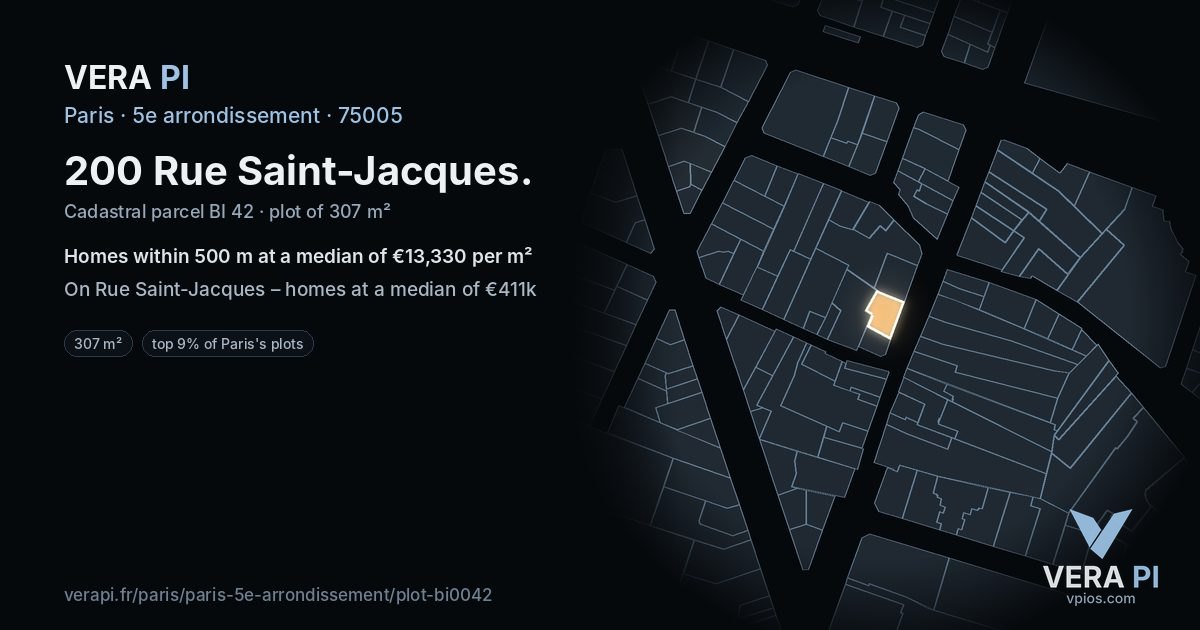 200 Rue Saint-Jacques, 5e arrondissement at night – the plot lit, the parcels around coloured by the prices near them