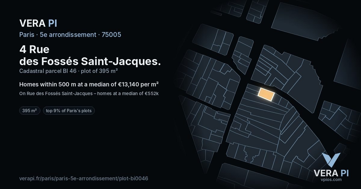 4 Rue des Fossés Saint-Jacques, 5e arrondissement at night – the plot lit, the parcels around coloured by the prices near them