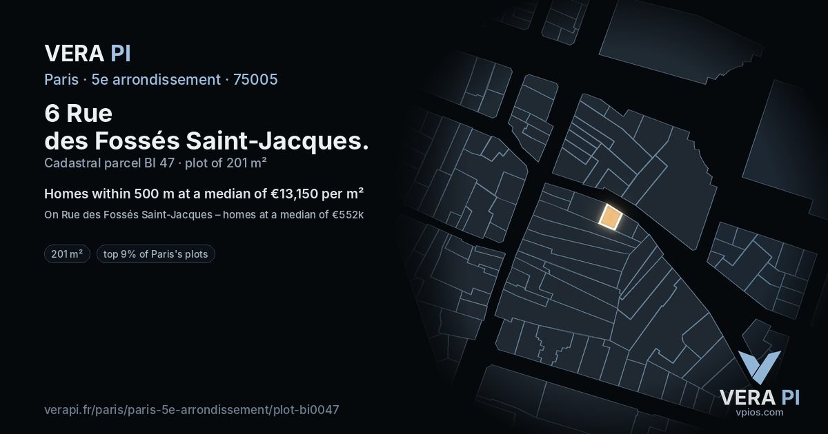 6 Rue des Fossés Saint-Jacques, 5e arrondissement at night – the plot lit, the parcels around coloured by the prices near them