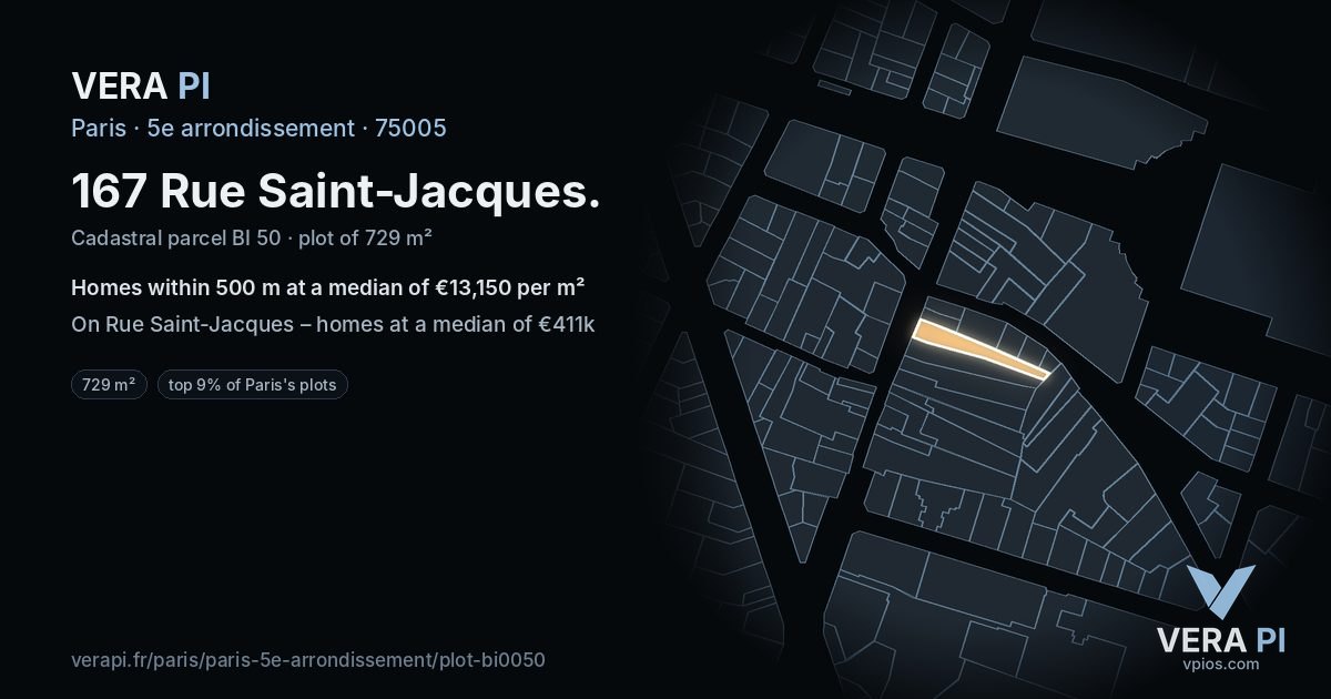 167 Rue Saint-Jacques, 5e arrondissement at night – the plot lit, the parcels around coloured by the prices near them