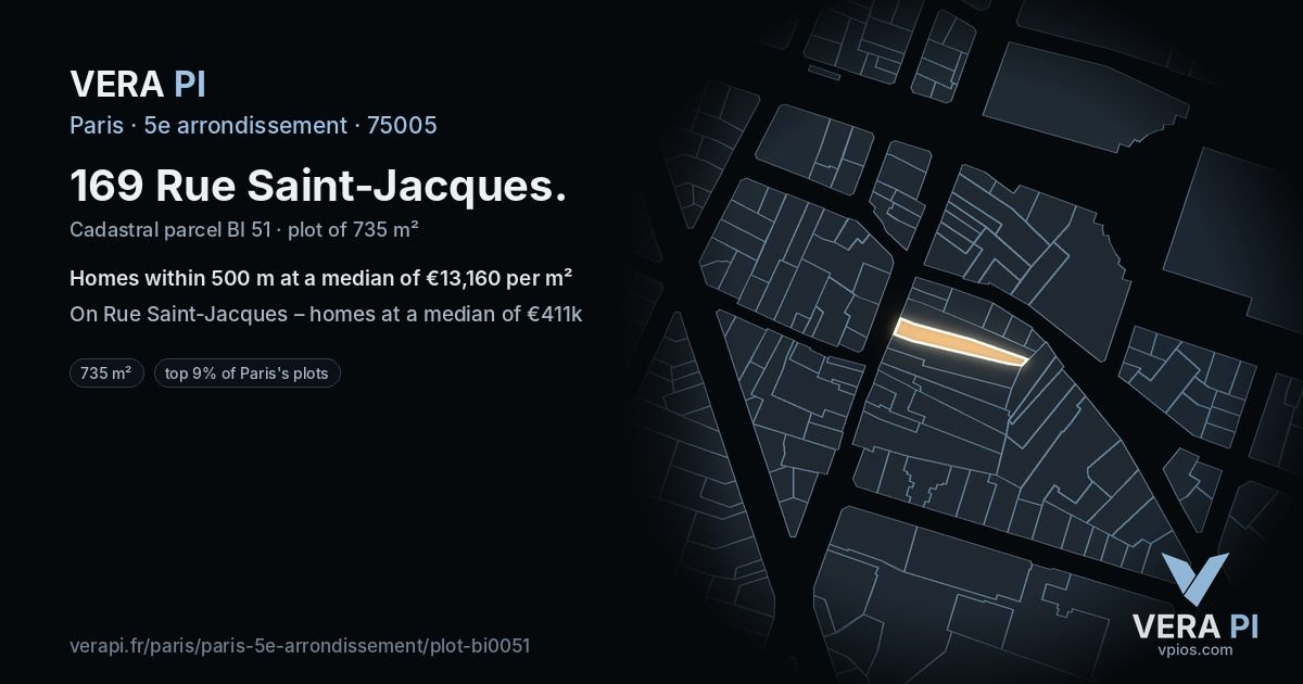 169 Rue Saint-Jacques, 5e arrondissement at night – the plot lit, the parcels around coloured by the prices near them