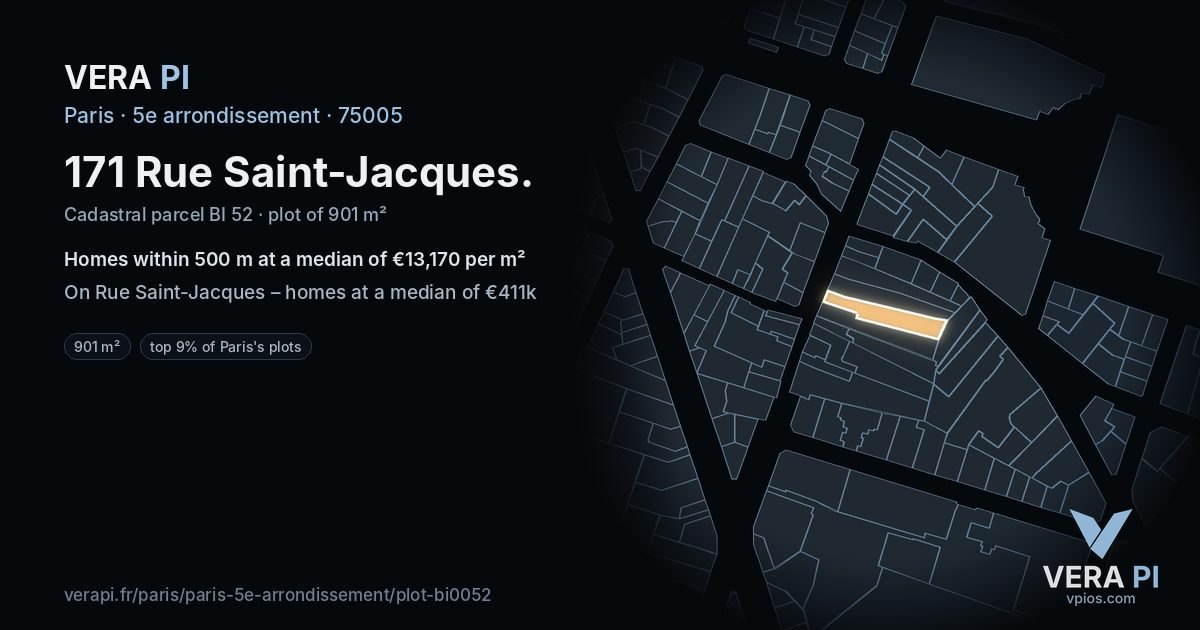 171 Rue Saint-Jacques, 5e arrondissement at night – the plot lit, the parcels around coloured by the prices near them