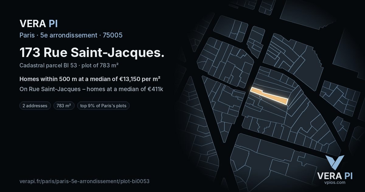 173 Rue Saint-Jacques, 5e arrondissement at night – the plot lit, the parcels around coloured by the prices near them