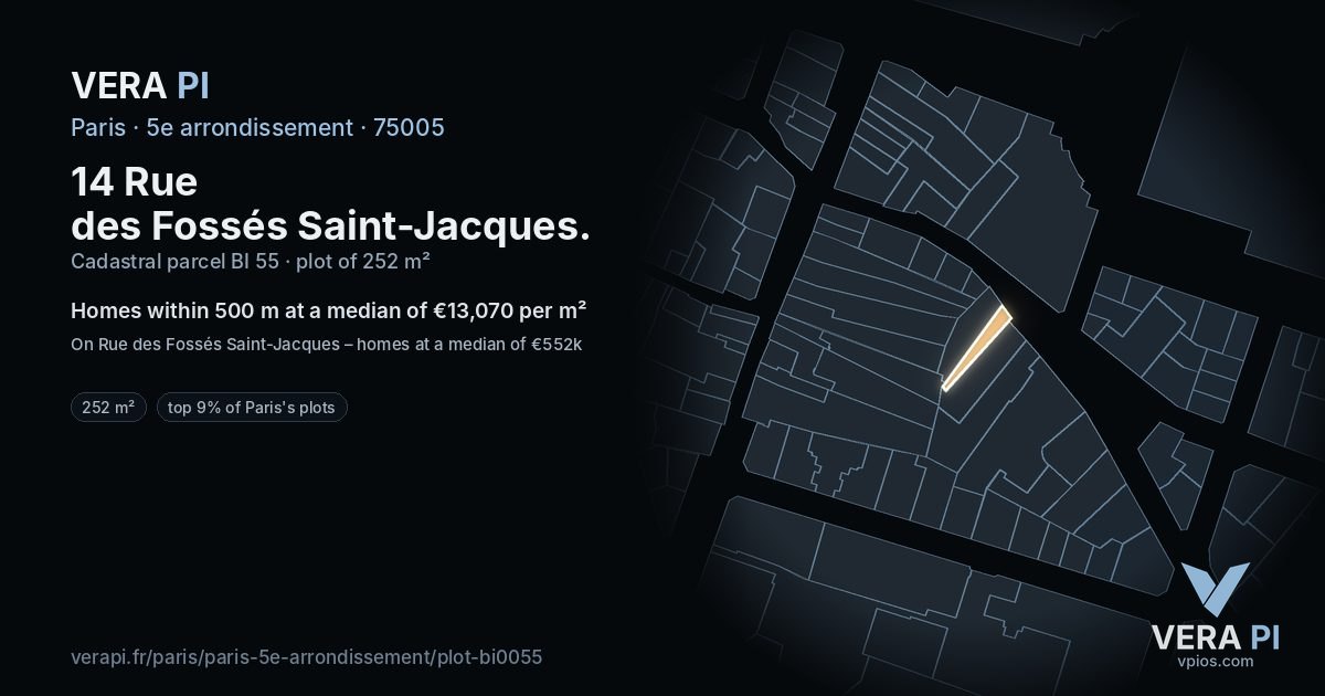 14 Rue des Fossés Saint-Jacques, 5e arrondissement at night – the plot lit, the parcels around coloured by the prices near them