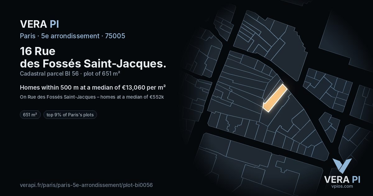 16 Rue des Fossés Saint-Jacques, 5e arrondissement at night – the plot lit, the parcels around coloured by the prices near them