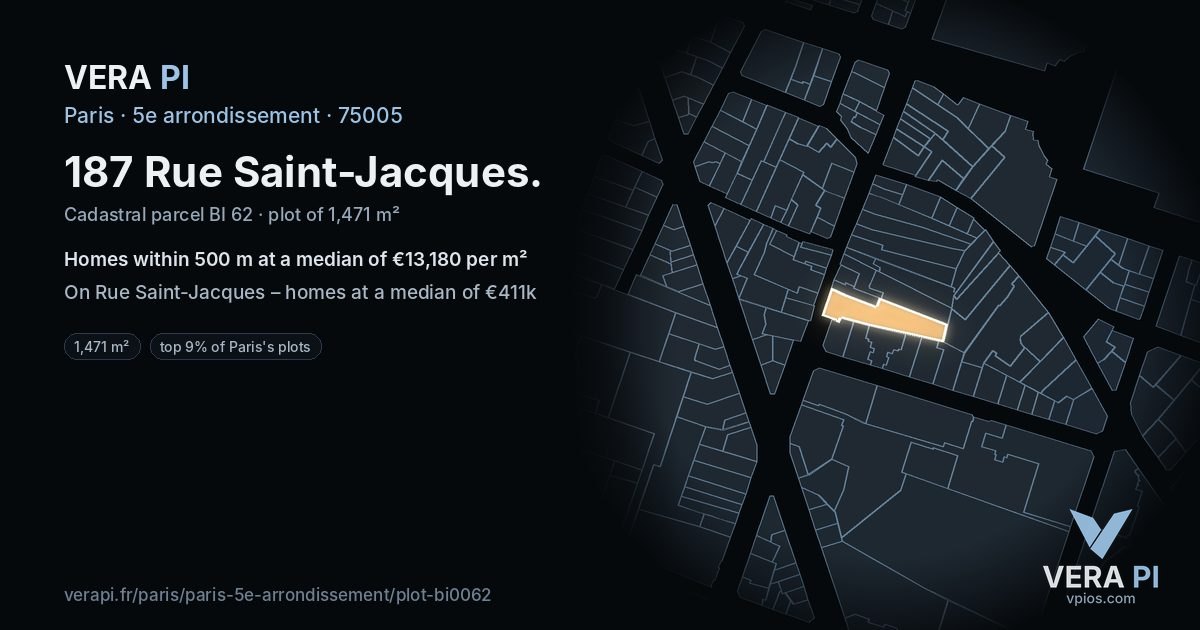 187 Rue Saint-Jacques, 5e arrondissement at night – the plot lit, the parcels around coloured by the prices near them
