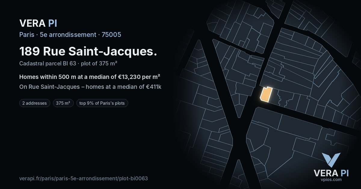 189 Rue Saint-Jacques, 5e arrondissement at night – the plot lit, the parcels around coloured by the prices near them