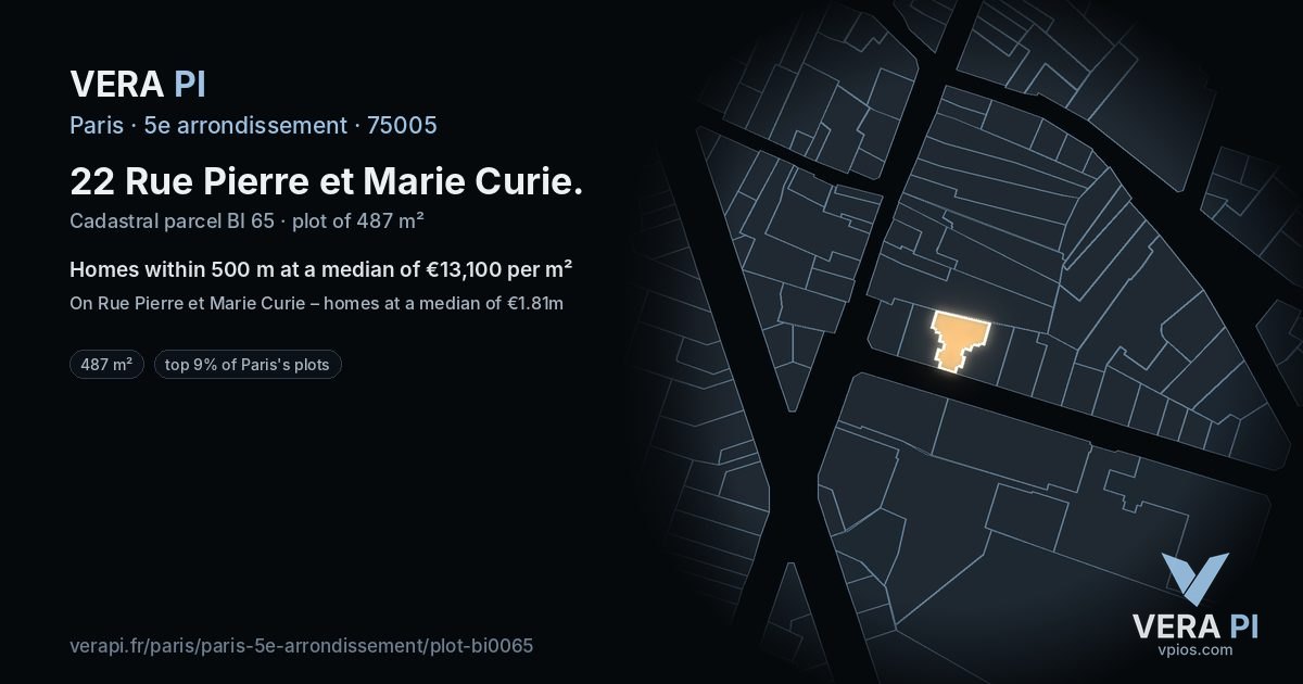 22 Rue Pierre et Marie Curie, 5e arrondissement at night – the plot lit, the parcels around coloured by the prices near them