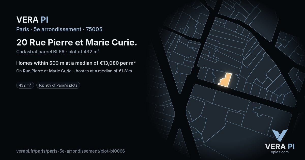 20 Rue Pierre et Marie Curie, 5e arrondissement at night – the plot lit, the parcels around coloured by the prices near them